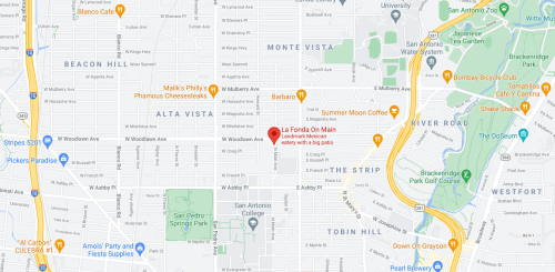 Map showing the location of La Fonda On Main, a Mexican eatery in San Antonio, Texas, near Woodlawn Avenue.