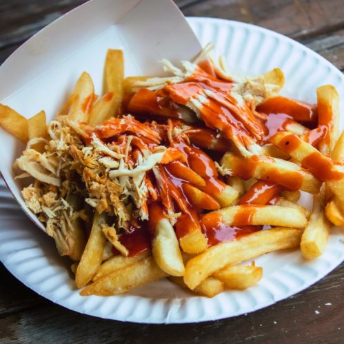 A plate of French fries topped with shredded chicken and drizzled with sauce.