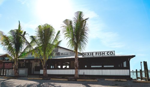 A seafood restaurant named Dixie Fish Co. with palm trees in front, set against a bright blue sky.