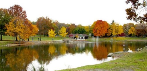 A serene park scene with colorful autumn trees reflecting in a calm pond, featuring a gazebo and swans.