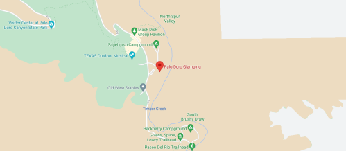 Map showing Palo Duro Glamping location near Timber Creek and various campgrounds in Palo Duro Canyon State Park.