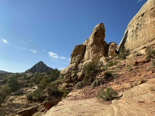 Rocky landscape with towering formations under a clear blue sky, surrounded by sparse vegetation.