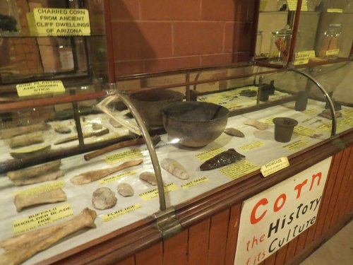 Display case featuring ancient artifacts and charred corn from Arizona, labeled with descriptions of each item.