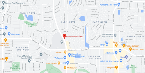 Map showing the location of Coffee House of Hell, near various shops and residential areas.