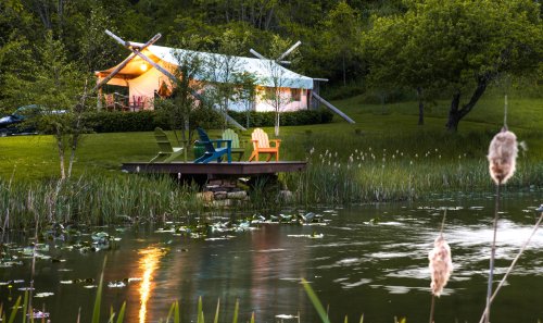 A cozy tent by a serene pond, with colorful chairs on a dock and lush greenery surrounding the scene.