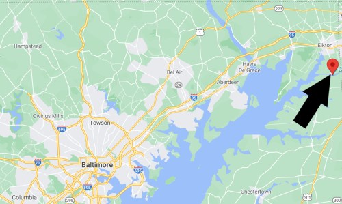 Map showing Baltimore area with an arrow pointing to Elkton, Maryland, located in the northeastern part of the state.