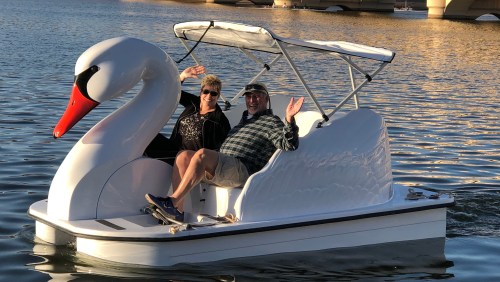 A couple waves from a swan-shaped paddle boat on a calm lake.