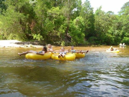 A group of children float on yellow inner tubes in a river surrounded by lush greenery.