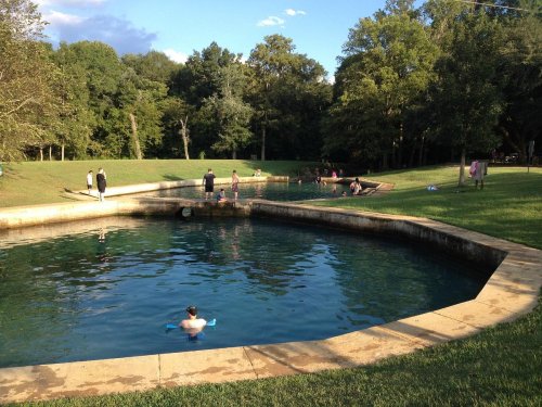 A serene outdoor scene featuring a swimming area surrounded by trees, with people enjoying the water and relaxing on the grass.