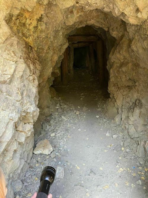 A dimly lit tunnel in a rocky cave, with a flashlight illuminating the path ahead.