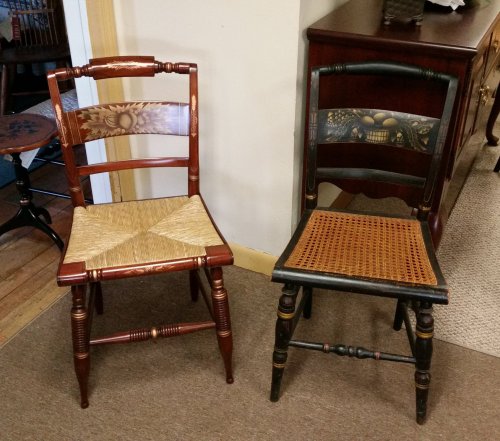 Two decorative chairs: one with a woven seat and ornate backrest, the other with a caned seat and painted design.