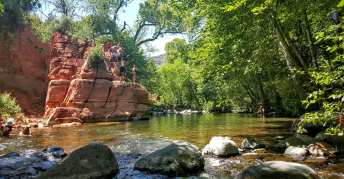 A group of people on a rocky ledge by a serene river, surrounded by lush greenery and clear blue skies.
