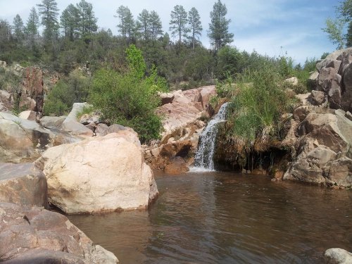 A serene landscape featuring a small waterfall cascading over rocks into a calm pool, surrounded by greenery and trees.