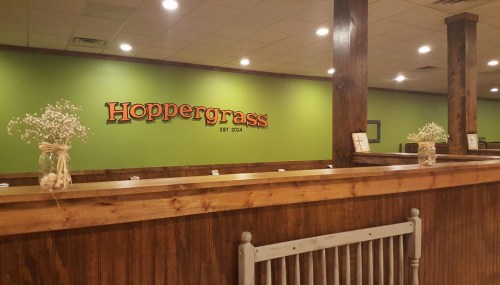 Interior of Hoppergrass restaurant featuring a green wall, wooden counter, and decorative jars with flowers.