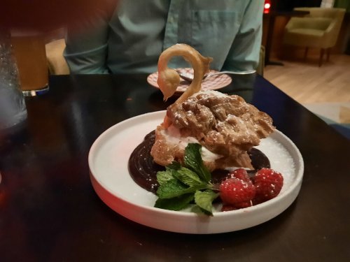 A dessert featuring a swan-shaped pastry atop whipped cream, surrounded by chocolate sauce, raspberries, and mint leaves.