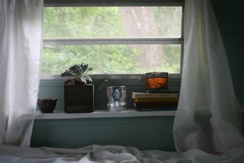 A cozy window sill with plants, candles, and books, framed by sheer white curtains and a view of greenery outside.