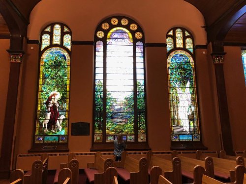 Stained glass windows depicting nature and figures, with wooden pews in a church interior.
