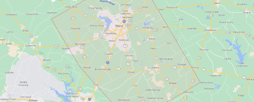 Map of Waco, Texas, highlighting surrounding areas and major roads, including nearby towns and landmarks.