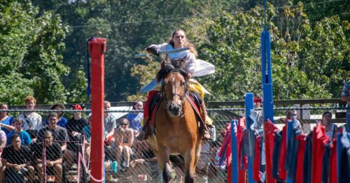 A rider in a yellow outfit skillfully maneuvers a horse through a course with spectators watching in the background.