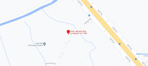 Map showing the location of 1240 Lago Mar Blvd, La Marque, TX 77568, near a highway and a river.