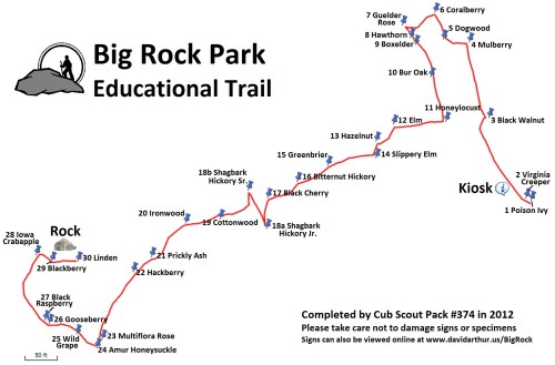 Map of Big Rock Park Educational Trail, showing trail route, tree species, and kiosk location.