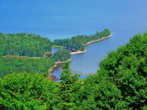 A scenic view of a coastal landscape with lush greenery and a winding shoreline under a clear blue sky.