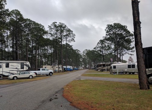 A quiet RV park lined with trees, featuring parked RVs and a few cars along a paved road under a cloudy sky.