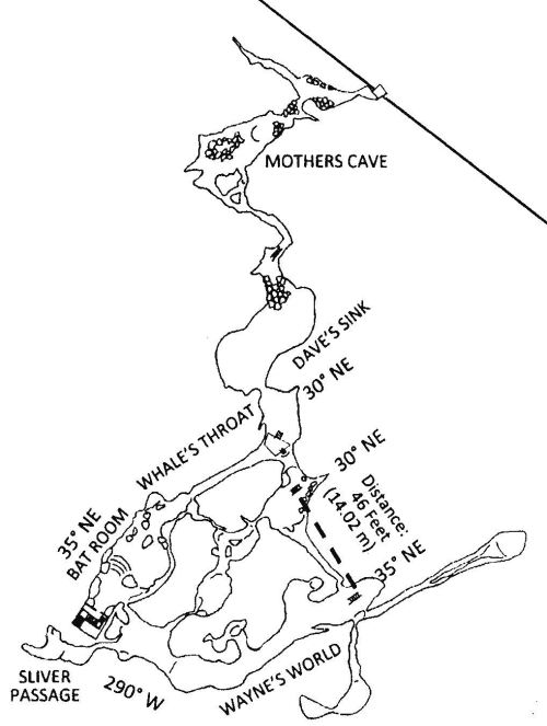 Map of a cave system showing various passages and rooms, including Mother's Cave, Dave's Sink, and Whale's Throat.