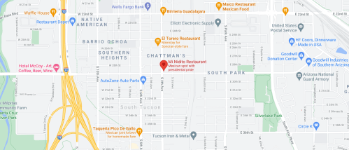 Map showing the location of Mi Nidito Restaurant in South Tucson, near various landmarks and streets.