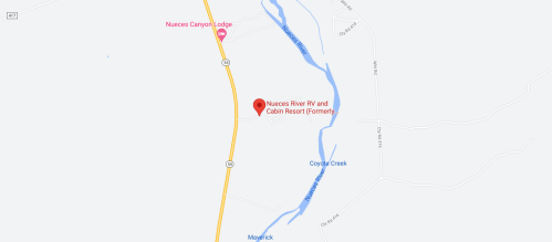 Map showing the location of Nueces River RV and Cabin Resort near the Nueces River, with nearby landmarks.