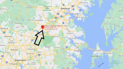 Map highlighting the location of Historic Savage Mill in Maryland, near Columbia and Baltimore.