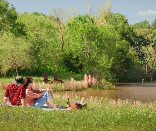 A couple relaxes by a serene lake, surrounded by lush greenery and wildflowers on a sunny day.