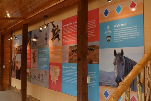 A colorful wall display featuring information about horses, history, and culture, with images and maps.