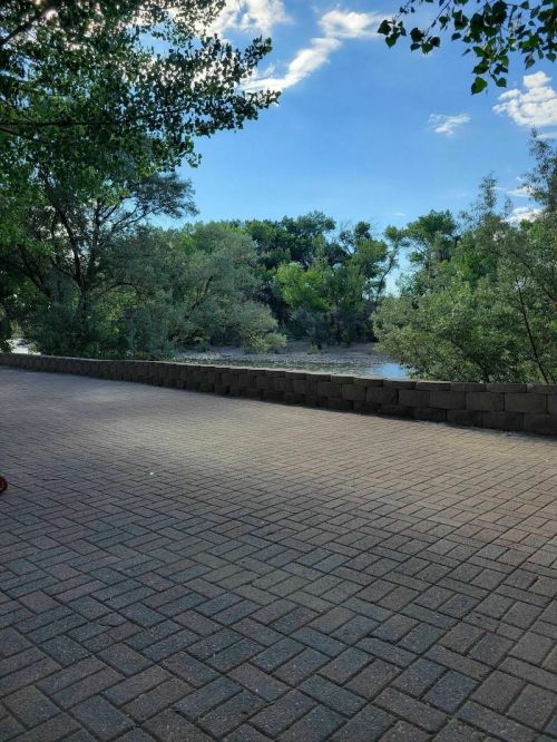 A paved pathway lined with trees, leading to a serene view of a riverbank and lush greenery under a blue sky.