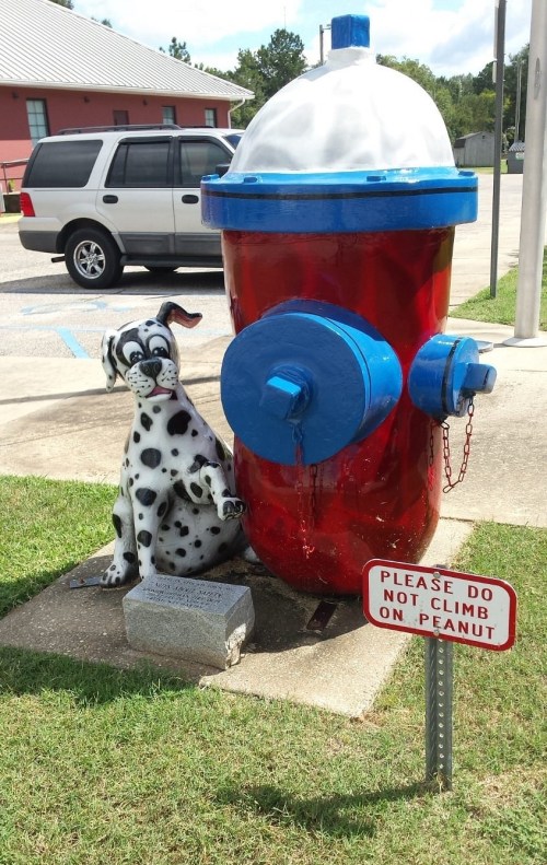 A colorful fire hydrant with a playful dog statue beside it, featuring a sign that says, "Please do not climb on Peanut."