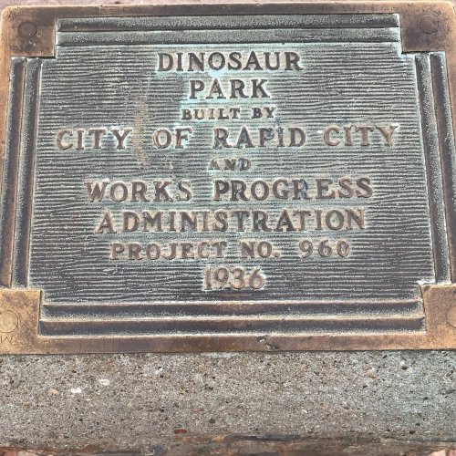 Plaque at Dinosaur Park, Rapid City, noting its construction by the Works Progress Administration in 1936.