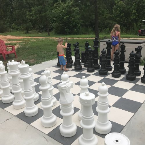 Two children play with large chess pieces on an outdoor chessboard surrounded by greenery.