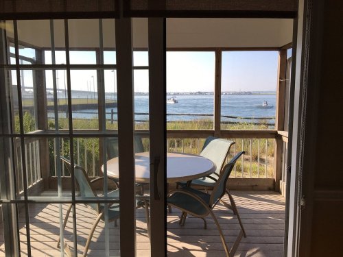 View from a screened porch overlooking a calm waterfront with boats and greenery in the foreground.