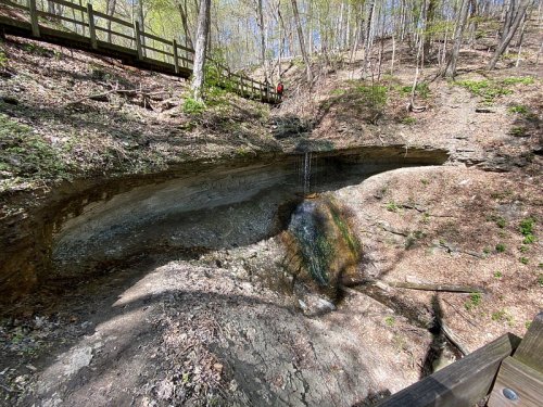 A small waterfall cascades over a rocky ledge in a wooded area, with a person in red standing above on a path.