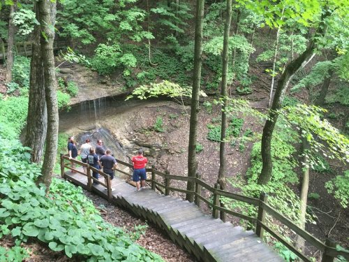 A wooden walkway leads to a small waterfall surrounded by lush green trees and a group of people observing the scenery.