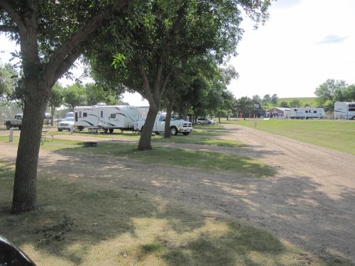 A gravel road lined with RVs and trucks under trees, with grassy areas and a clear blue sky in the background.