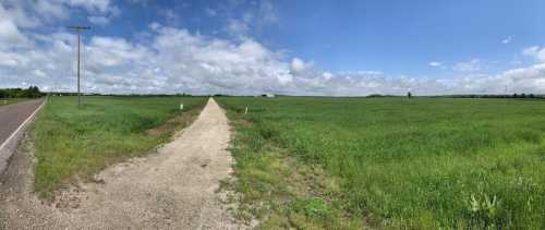 A wide, grassy field under a blue sky with scattered clouds, bordered by a gravel path and a distant road.