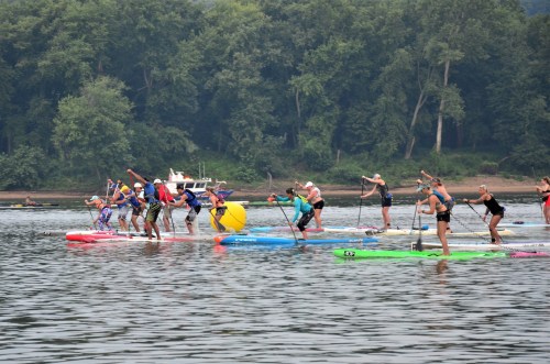 A group of people paddleboarding on a calm lake, surrounded by trees and a yellow buoy in the water.