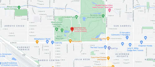 Map showing Reid Park Zoo, nearby parks, and various businesses in Tucson, Arizona.