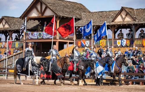Knights on horseback display flags in a medieval-themed event, with a crowd and wooden structures in the background.