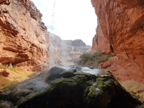 A waterfall cascades over moss-covered rocks in a canyon, surrounded by towering red rock formations.