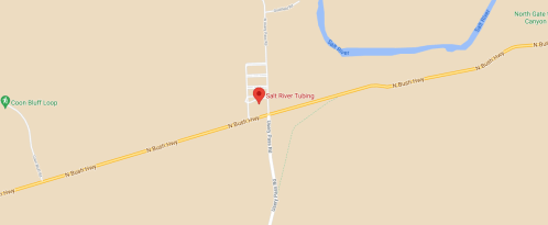 Map showing the location of Salt River Tubing, with nearby roads and landmarks in a desert landscape.