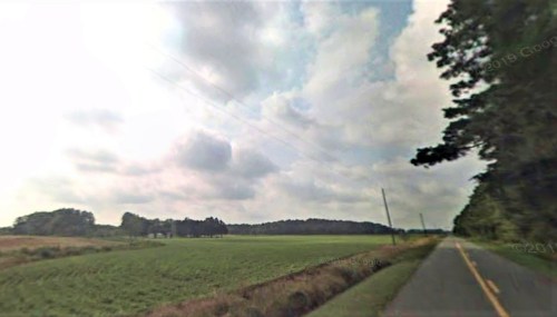 A rural landscape featuring a road, fields, and a cloudy sky with trees lining the edge.