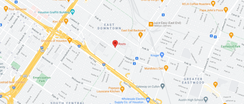 Map showing East Downtown Houston with a red marker indicating the location of Roots. Nearby landmarks and streets are visible.