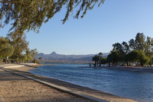 A serene river scene with trees lining the banks and mountains in the background under a clear blue sky.